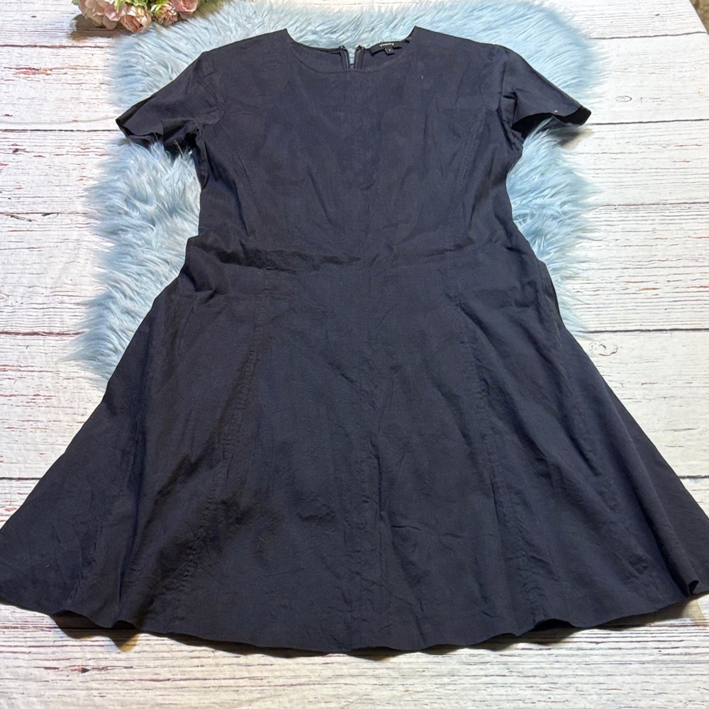 Theory Navy Short Sleeve Linen Blend Fit & Flare Dress Sz 8